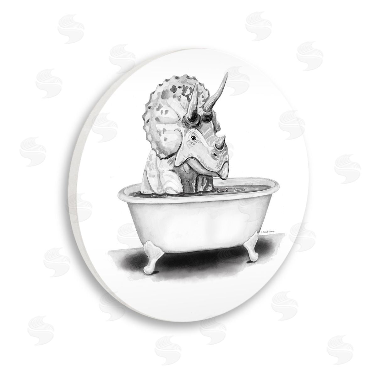 Rachel Nieman Triceratops Bathing Tub Dinosaur Wooden Wall Plaque Art Print
