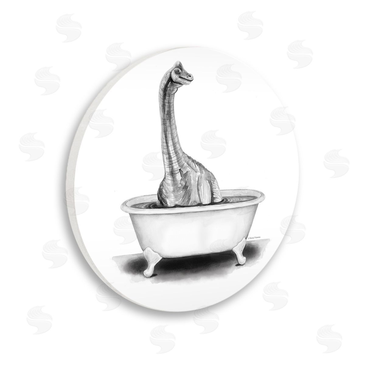 Rachel Nieman Monochrome Dinosaur Bathtub Bathroom Wooden Wall Plaque Art Print