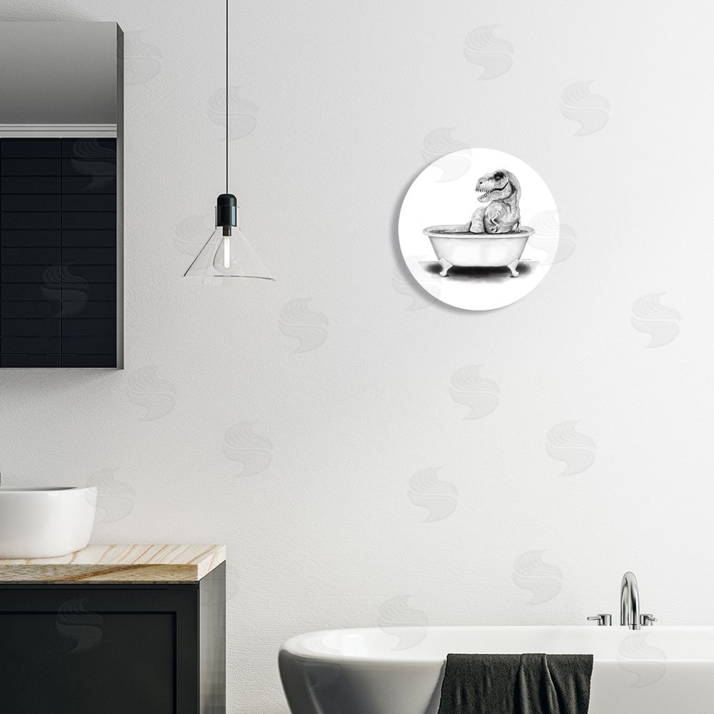 Rachel Nieman Fun Bathroom T-Rex Dinosaur Round Wall Plaque Art Print in Room