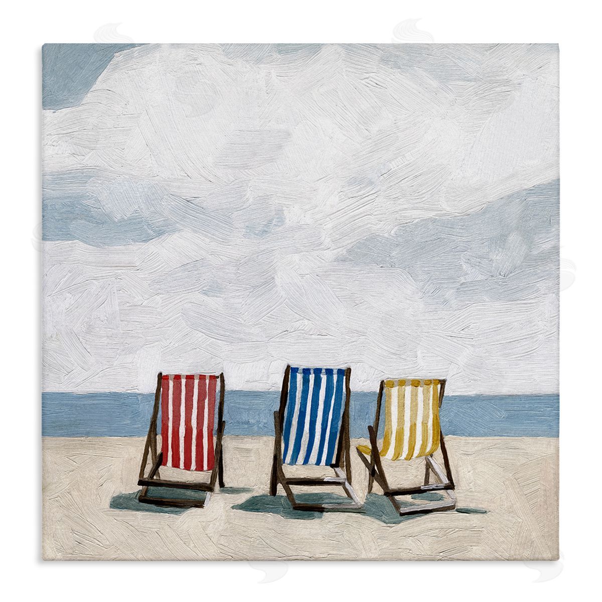 Emma Scarvey Beach Chairs Coastal Cloudy Shore Stretched Canvas Wall Art Print