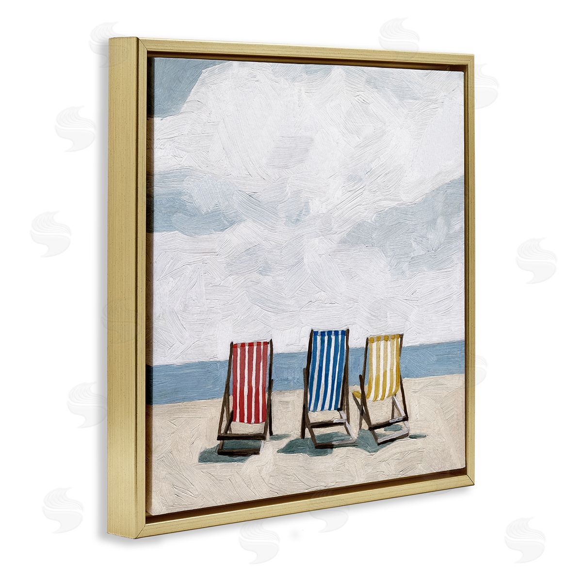 Emma Scarvey Beach Chairs Coastal Cloudy Shore Gold Floating Frame Canvas Wall Art Print