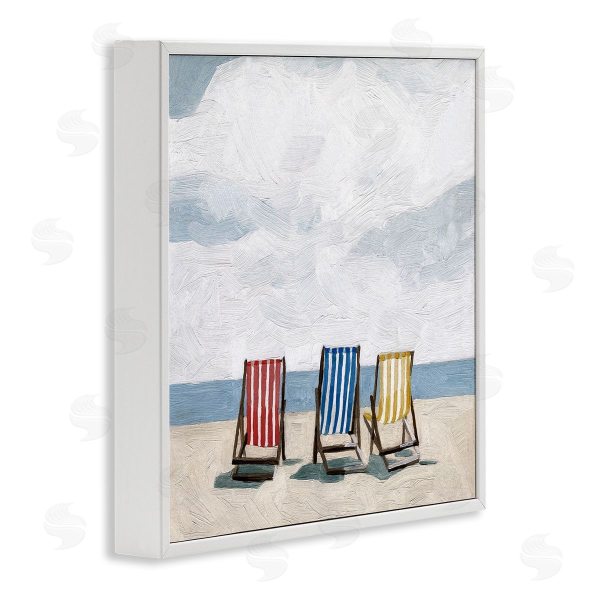 Emma Scarvey Beach Chairs Coastal Cloudy Shore White Framed Glicee Wall Art Print