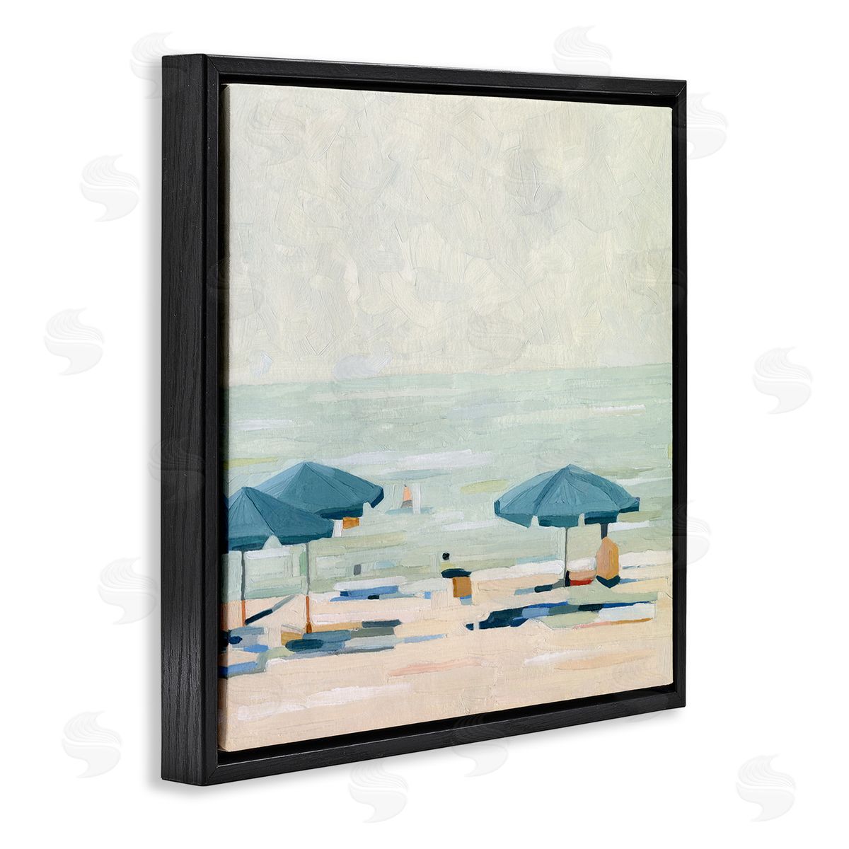 Emma Scarvey Abstract Beach Umbrellas on Shore Black Floating Frame Canvas Wall Art Print