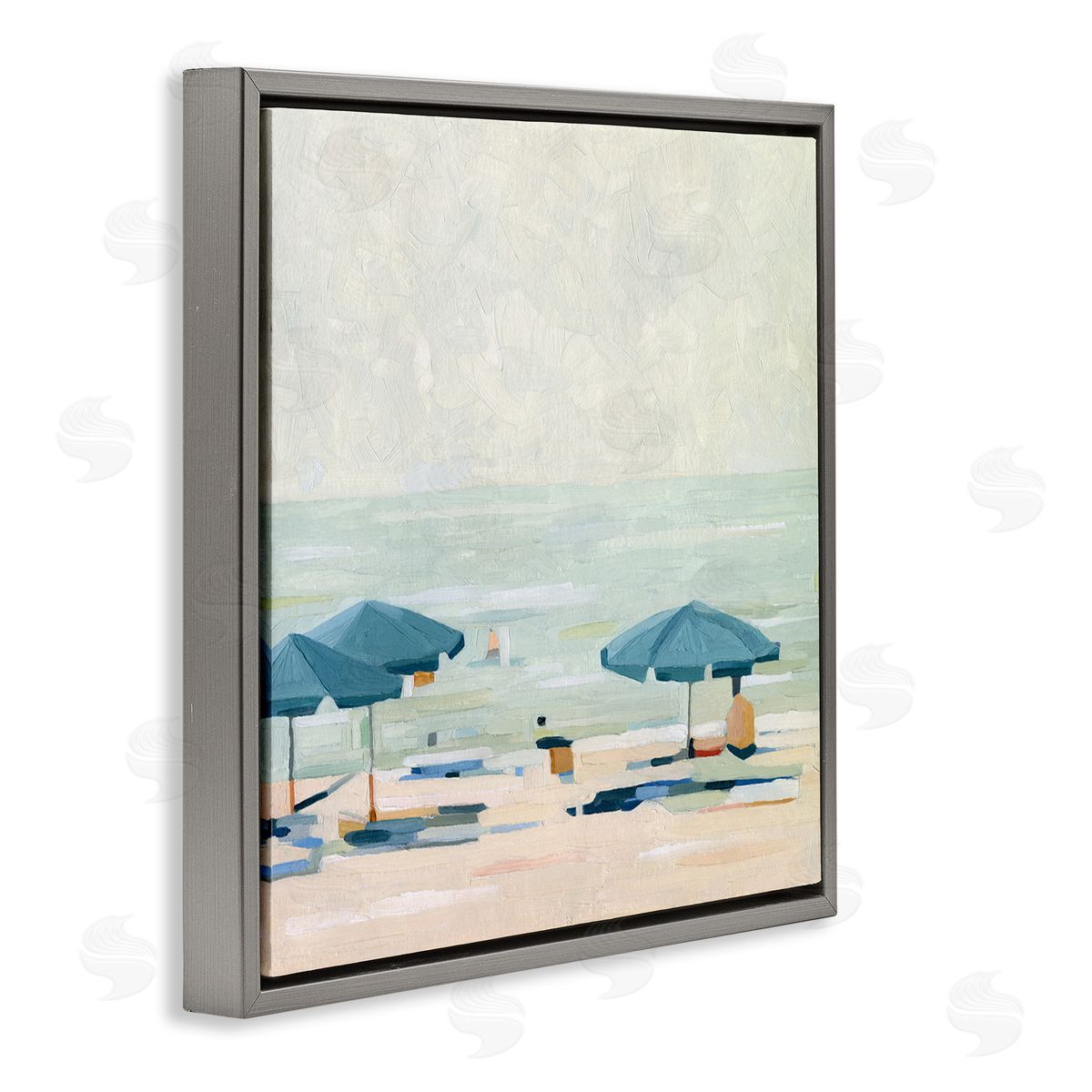 Emma Scarvey Abstract Beach Umbrellas on Shore Gray Floating Frame Canvas Wall Art Print