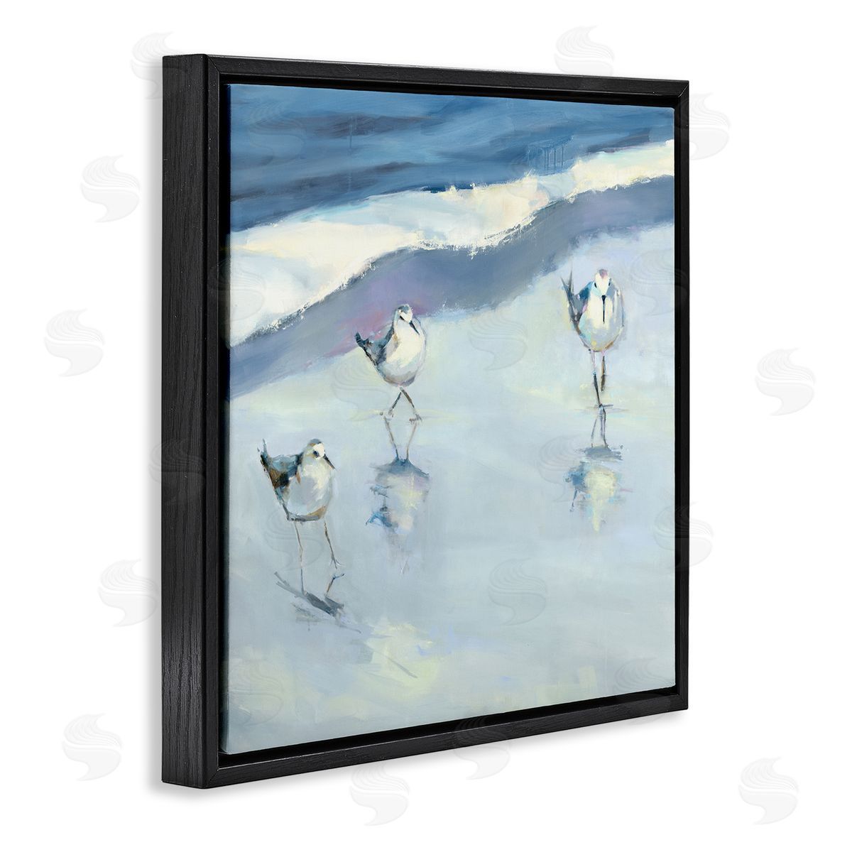 Kathleen Broaderick Blue Abstract Sandpipers Painting Black Floating Frame Canvas Wall Art Print