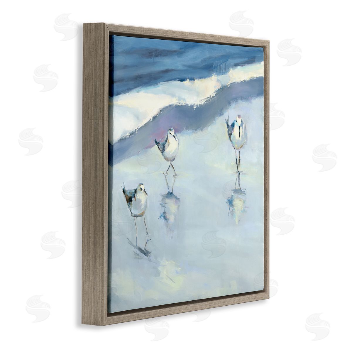 Kathleen Broaderick Blue Abstract Sandpipers Painting Brown Floating Frame Canvas Wall Art Print