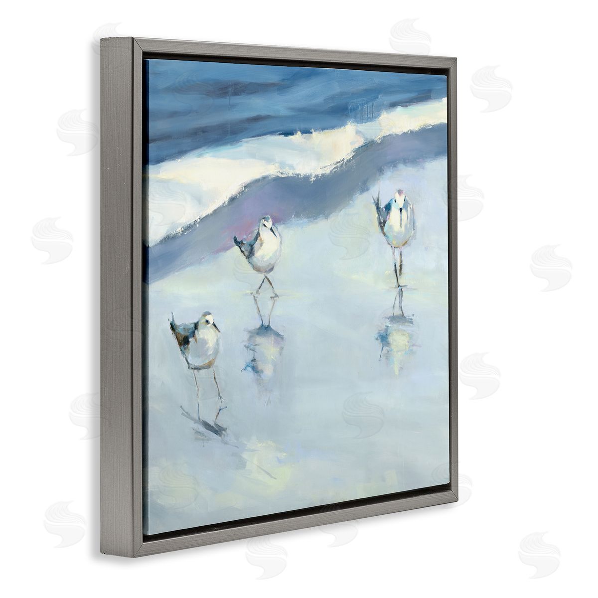 Kathleen Broaderick Blue Abstract Sandpipers Painting Gray Floating Frame Canvas Wall Art Print