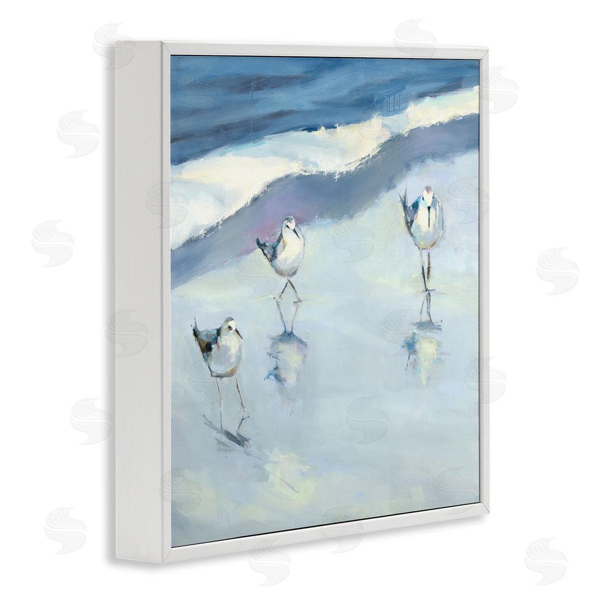 Kathleen Broaderick Blue Abstract Sandpipers Painting White Framed Glicee Wall Art Print