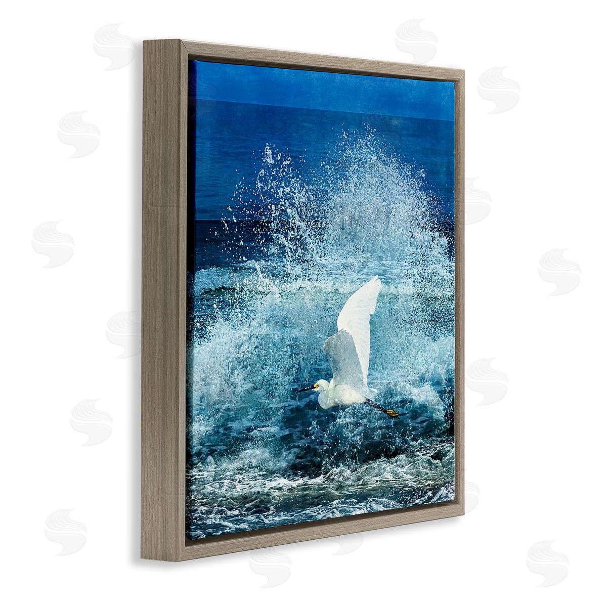 Christine Zalewski Egret Flying Waves Splashing Brown Floating Frame Canvas Wall Art Print