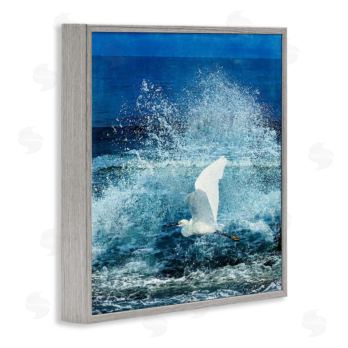 Christine Zalewski Egret Flying Waves Splashing Gray Framed Glicee Wall Art Print