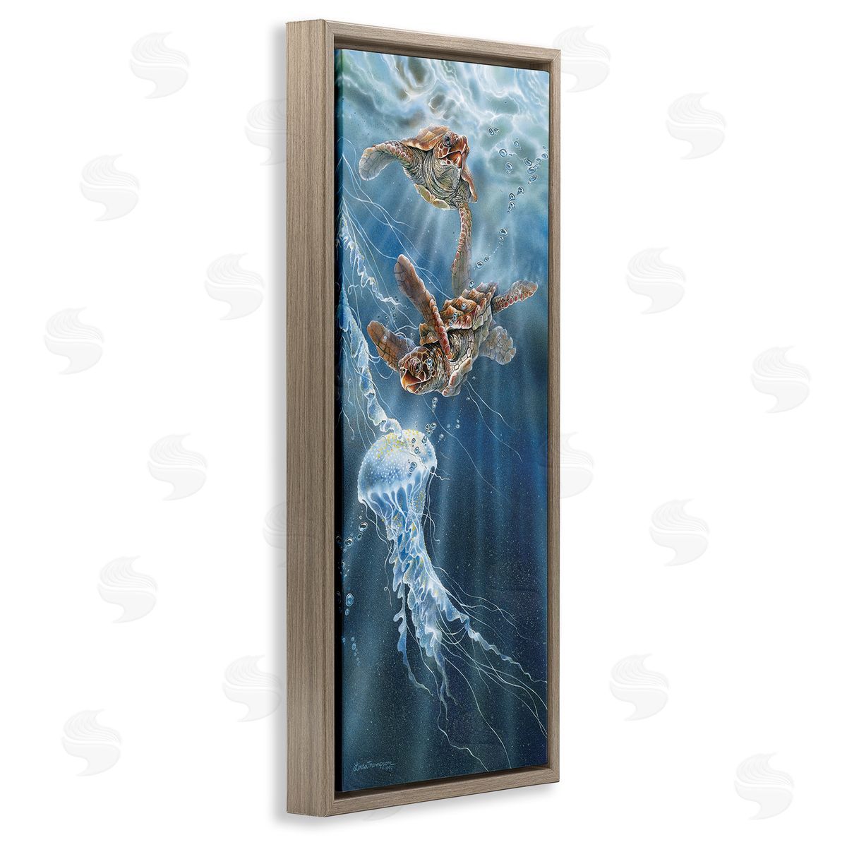 Linda Thompson Underwater Jellyfish & Turtles Brown Floating Frame Canvas Wall Art Print