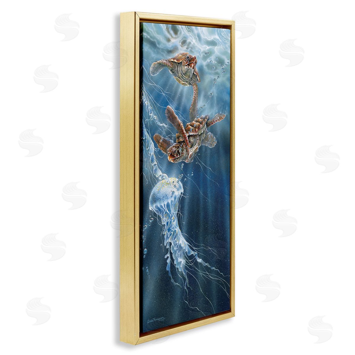 Linda Thompson Underwater Jellyfish & Turtles Gold Floating Frame Canvas Wall Art Print