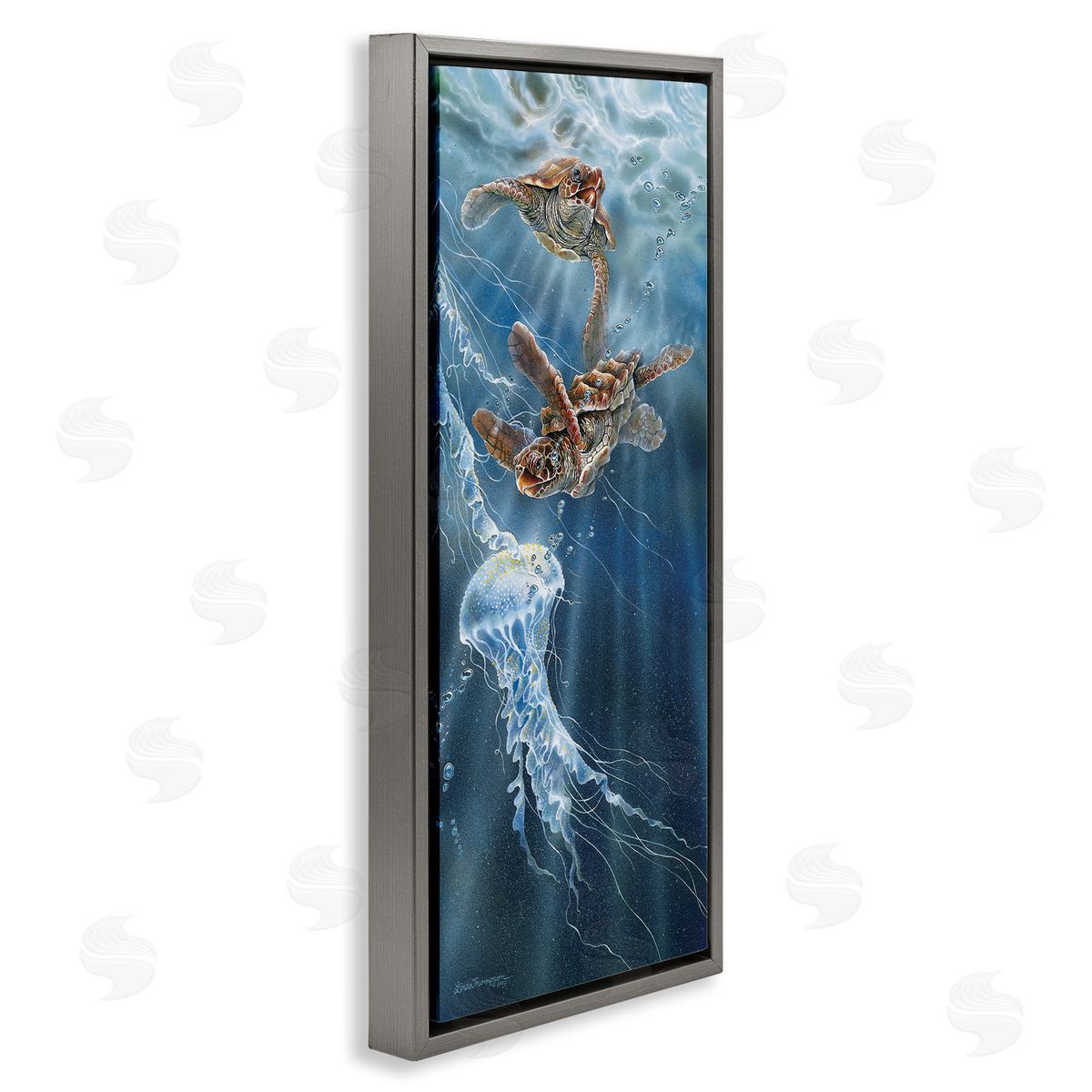 Linda Thompson Underwater Jellyfish & Turtles Gray Floating Frame Canvas Wall Art Print