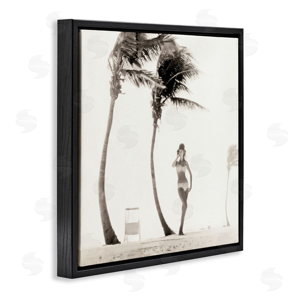Graffitee Studios White Bikini Windblown Beach Black Floating Frame Canvas Wall Art Print