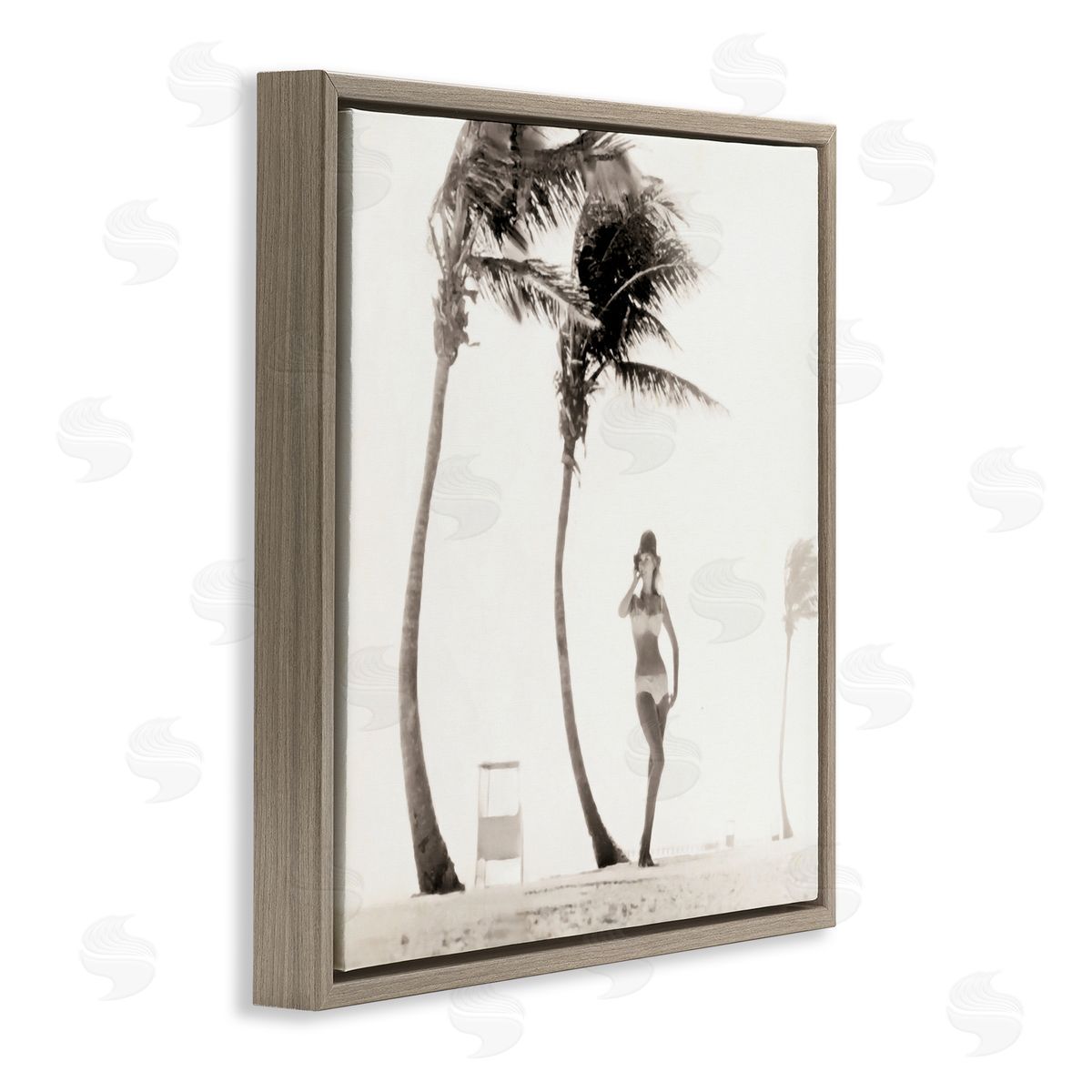 Graffitee Studios White Bikini Windblown Beach Brown Floating Frame Canvas Wall Art Print