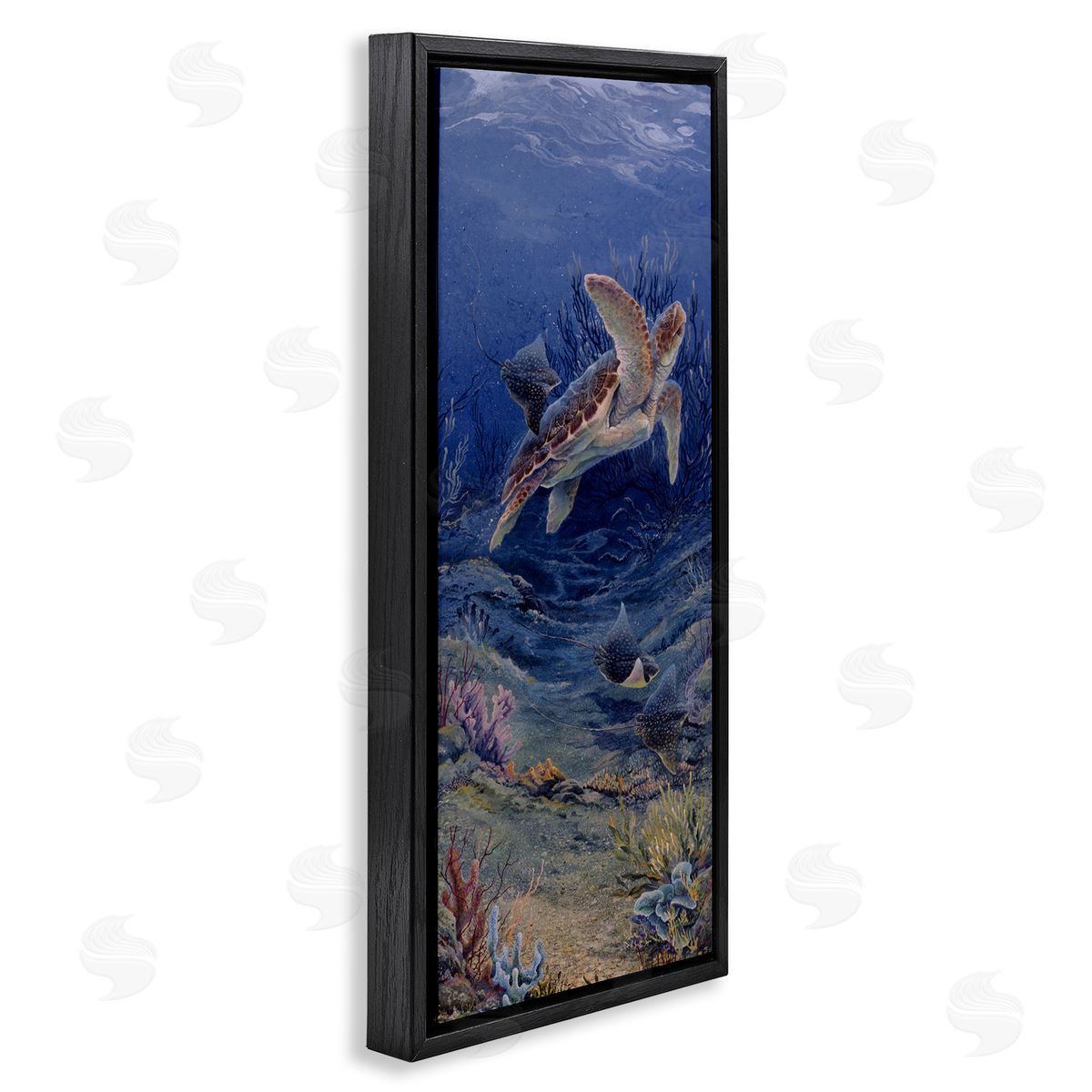 Linda Thompson Playful Underwater Turtles Black Floating Frame Canvas Wall Art Print
