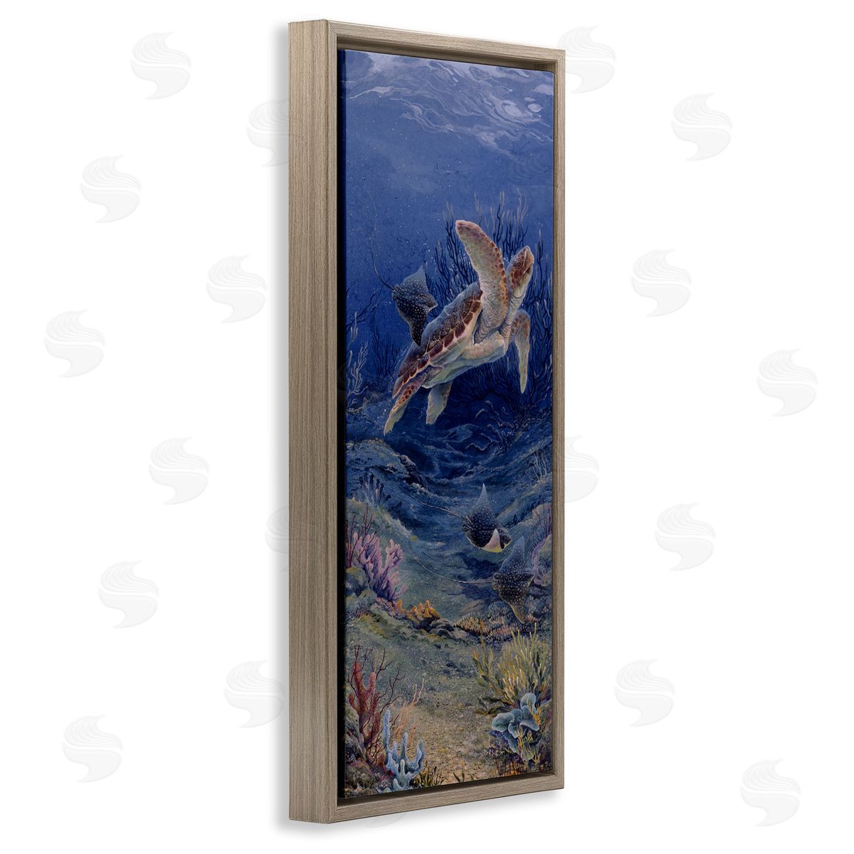 Linda Thompson Playful Underwater Turtles Brown Floating Frame Canvas Wall Art Print