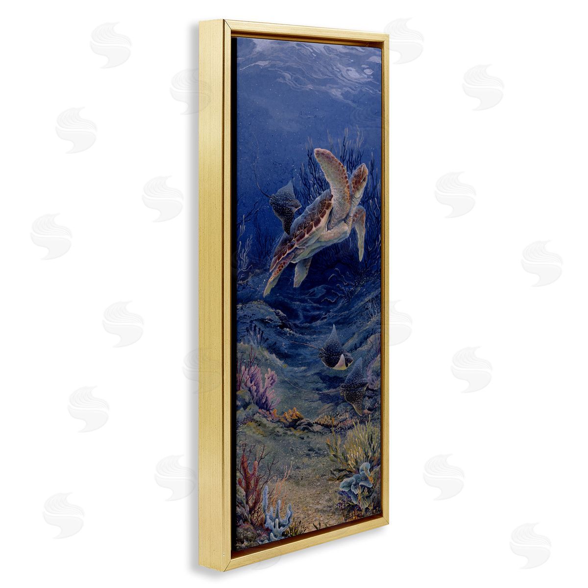 Linda Thompson Playful Underwater Turtles Gold Floating Frame Canvas Wall Art Print
