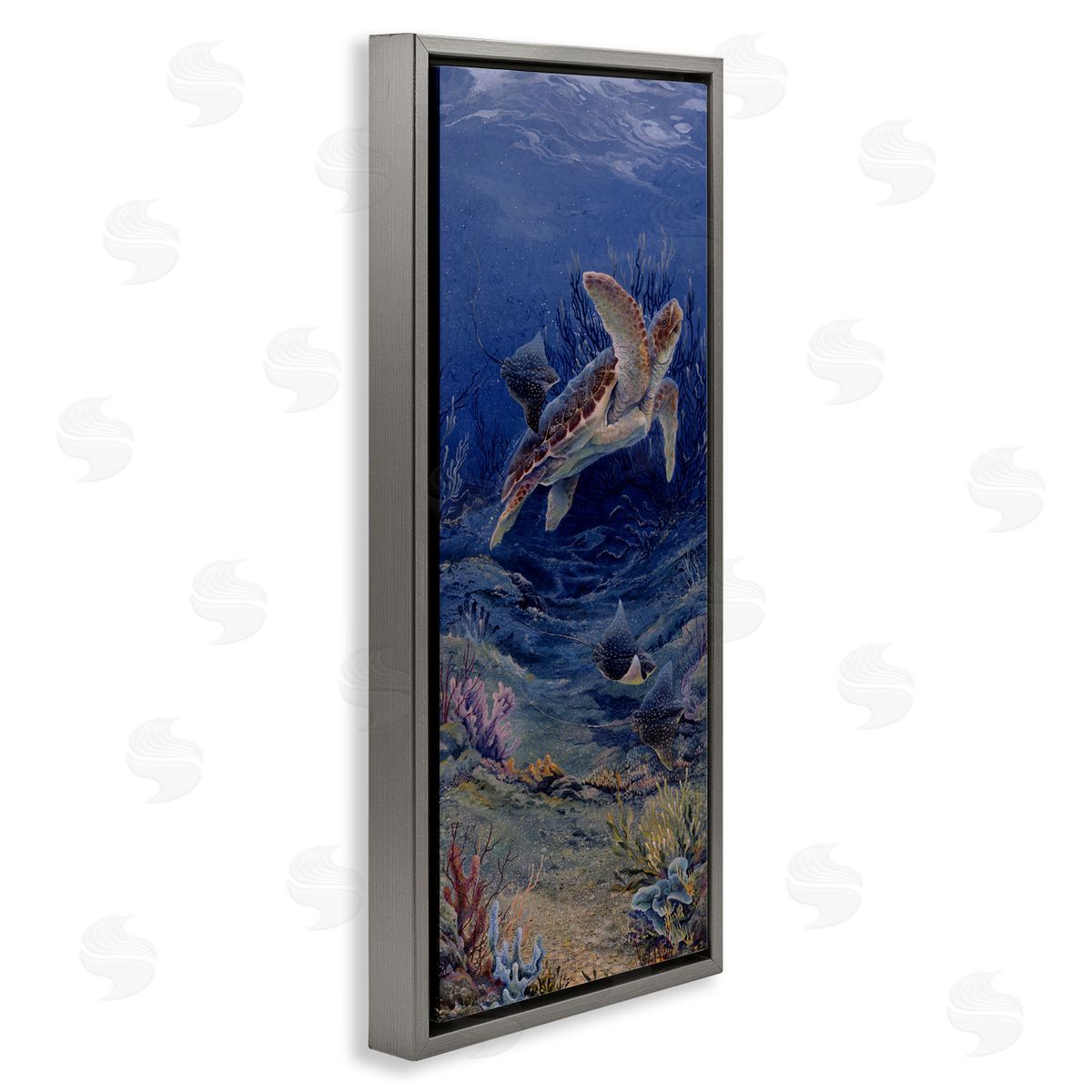 Linda Thompson Playful Underwater Turtles Gray Floating Frame Canvas Wall Art Print