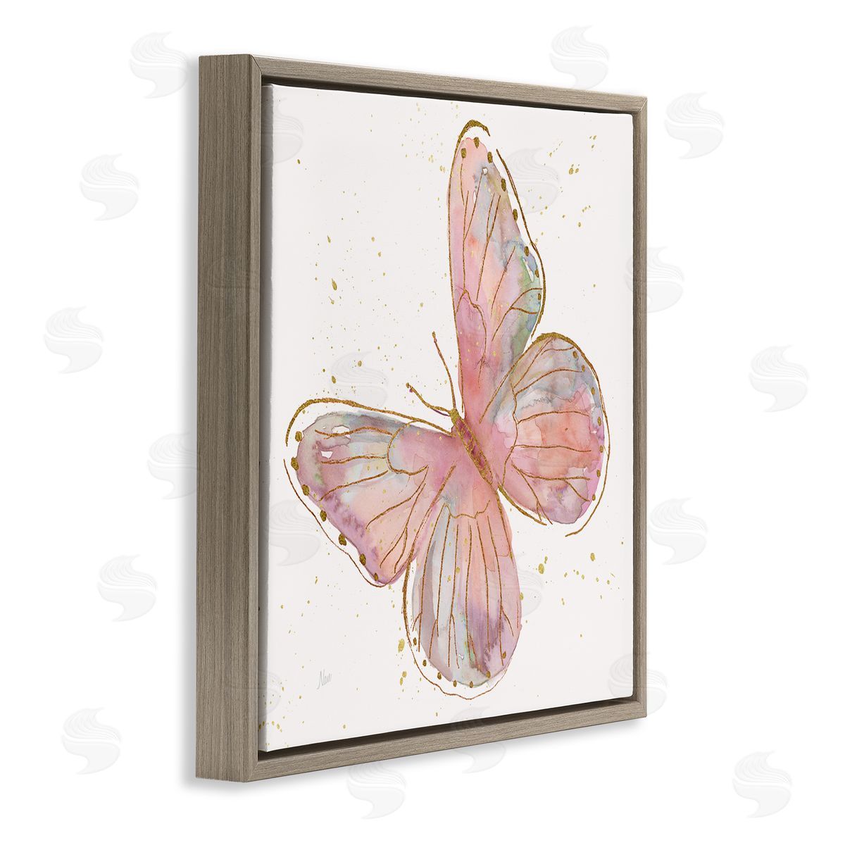 Nan Pink Butterfly Wings Glam Detail Brown Floating Frame Canvas Wall Art Print