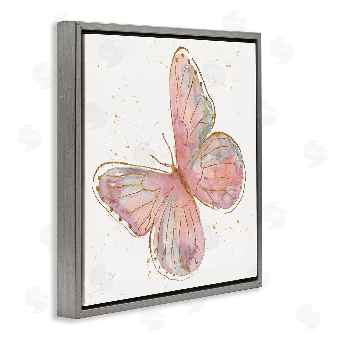Nan Pink Butterfly Wings Glam Detail Gray Floating Frame Canvas Wall Art Print