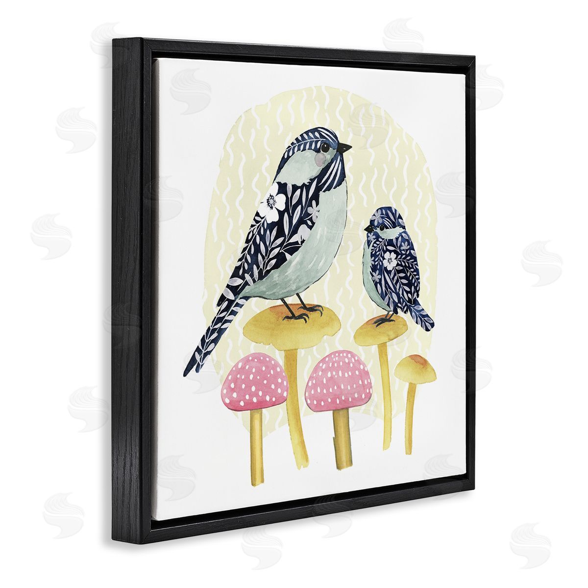 Grace Popp Floral Birds Perched Mushrooms Black Floating Frame Canvas Wall Art Print