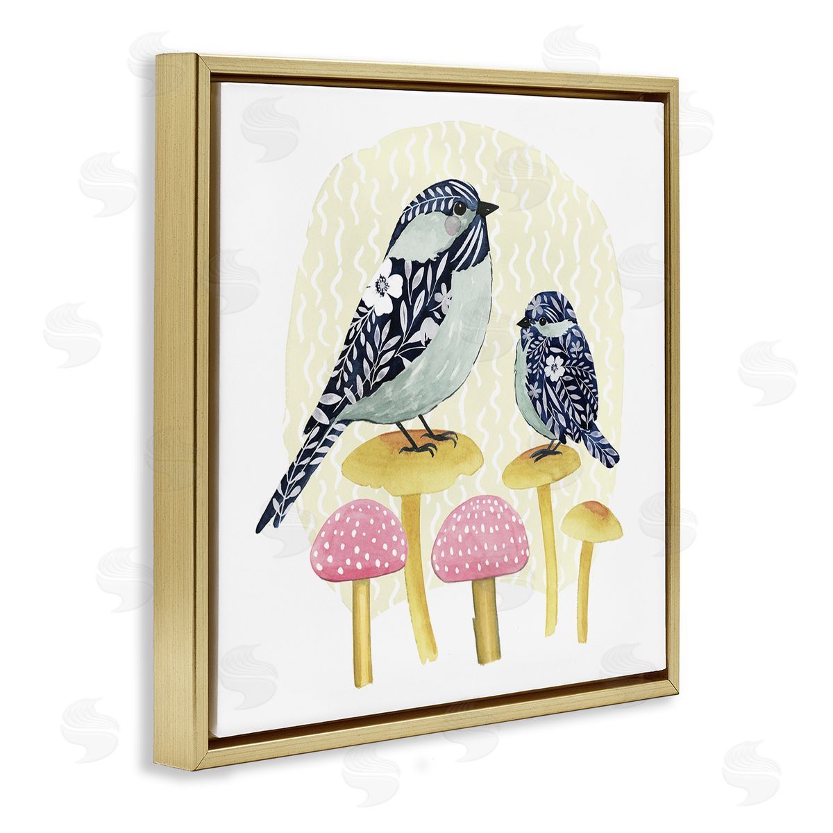 Grace Popp Floral Birds Perched Mushrooms Gold Floating Frame Canvas Wall Art Print