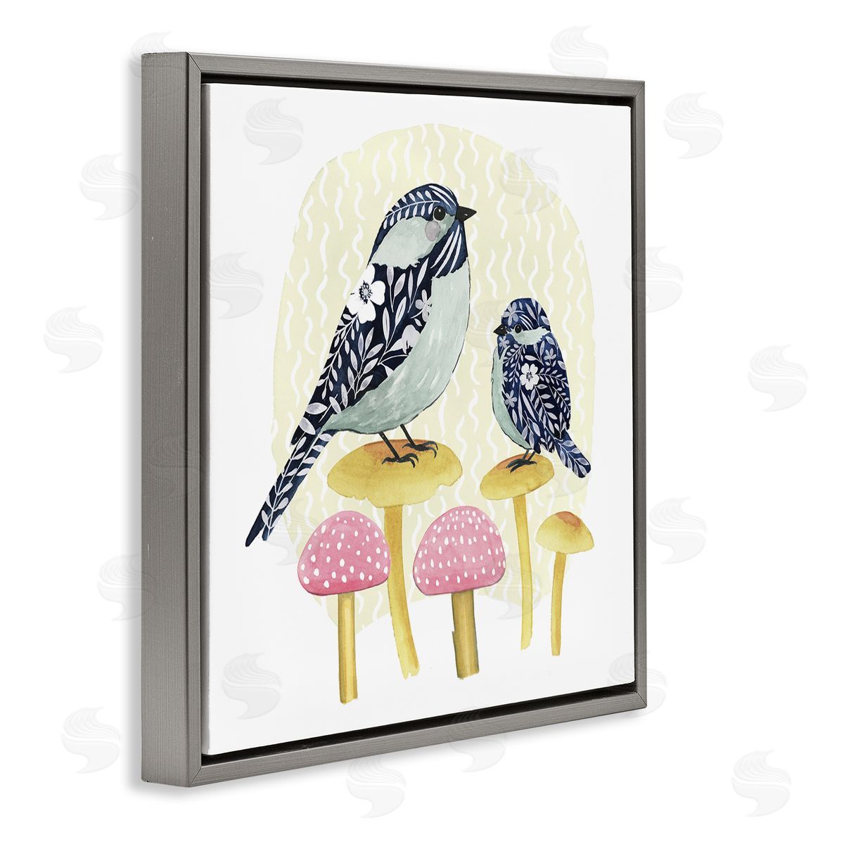 Grace Popp Floral Birds Perched Mushrooms Gray Floating Frame Canvas Wall Art Print