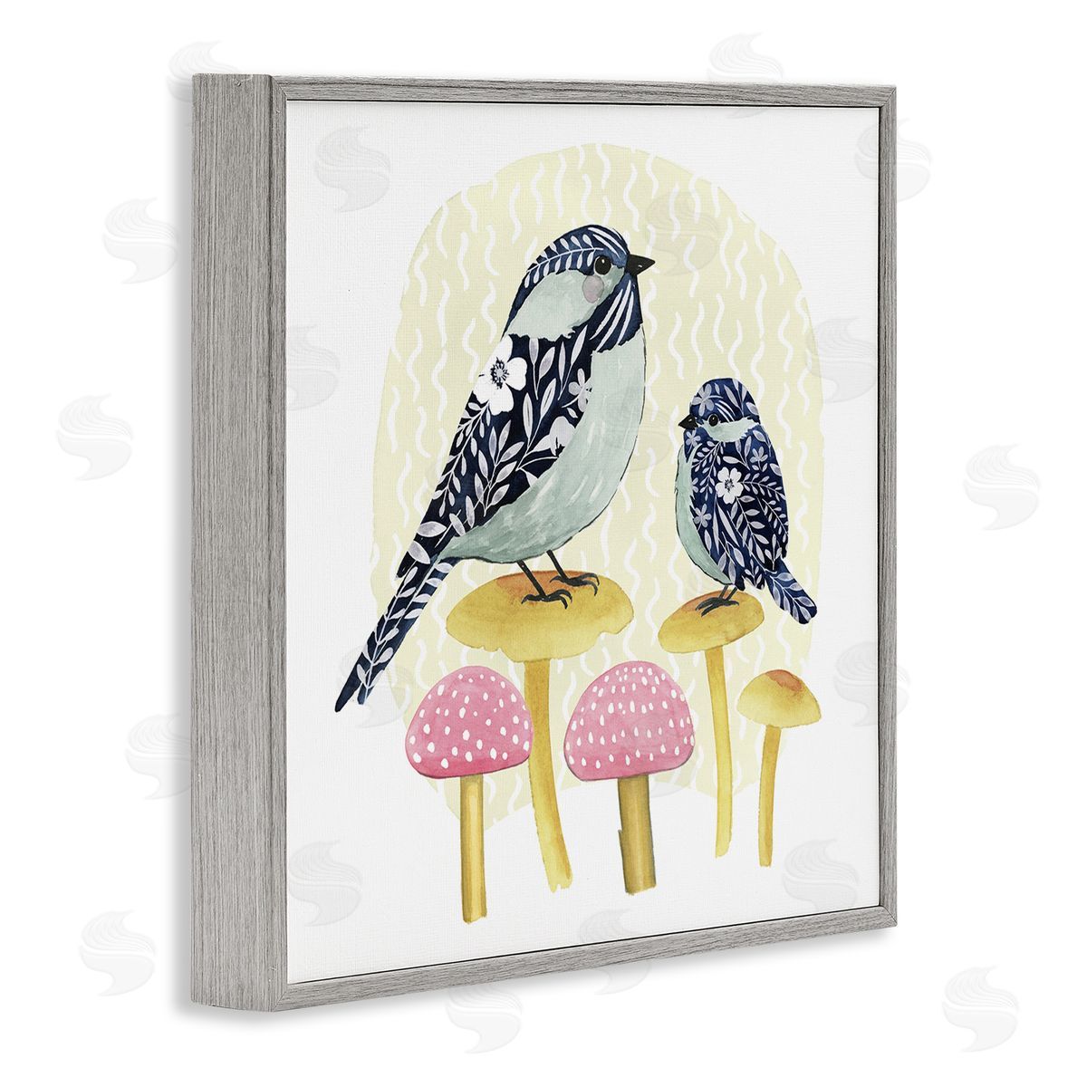Grace Popp Floral Birds Perched Mushrooms Gray Framed Glicee Wall Art Print