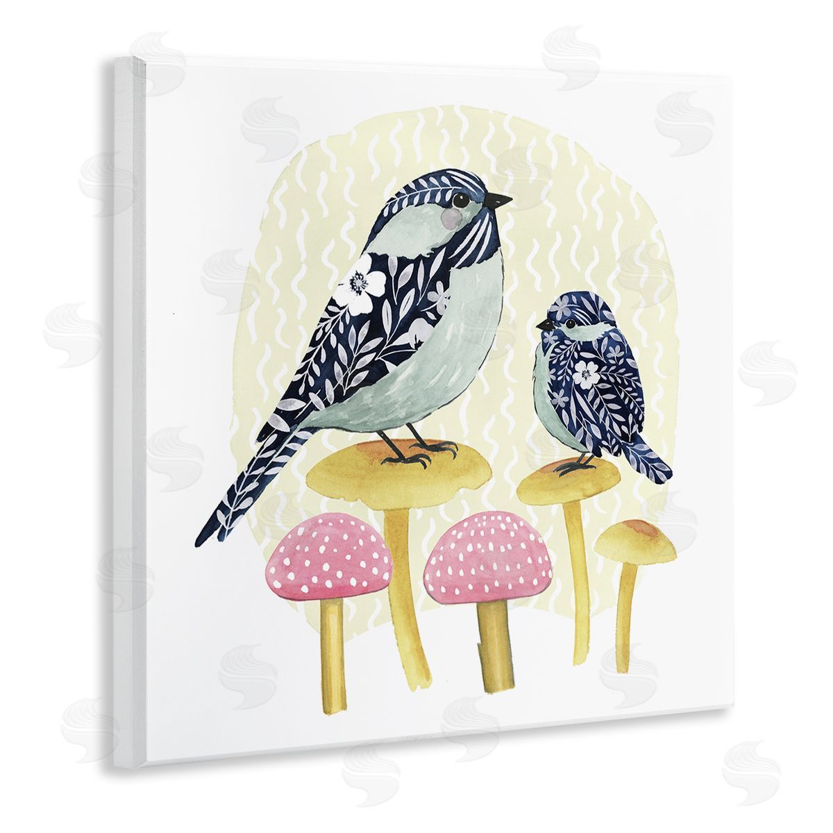 Grace Popp Floral Birds Perched Mushrooms Wooden Wall Plaque Art Print