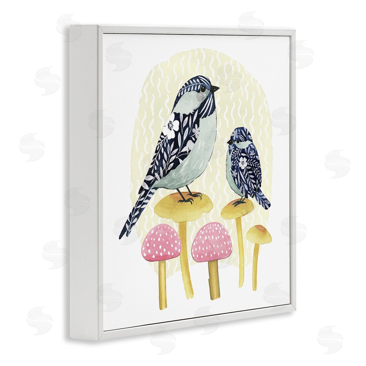 Grace Popp Floral Birds Perched Mushrooms White Framed Glicee Wall Art Print