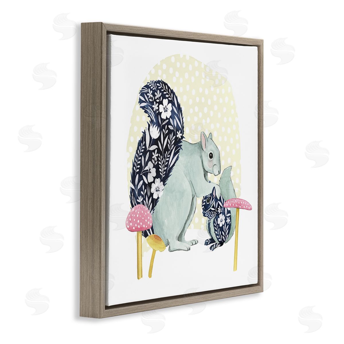 Grace Popp Floral Squirrels & Mushrooms Brown Floating Frame Canvas Wall Art Print