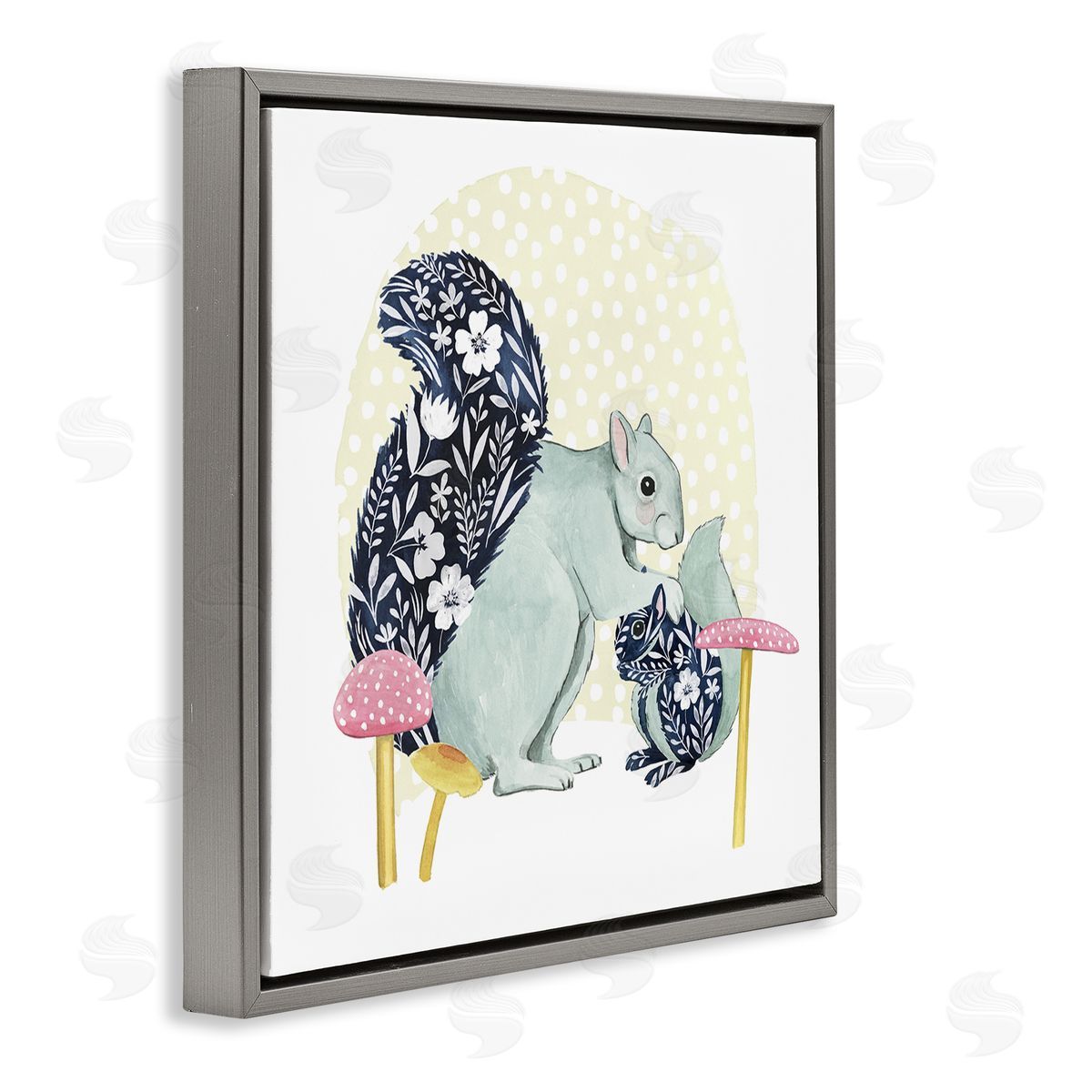 Grace Popp Floral Squirrels & Mushrooms Gray Floating Frame Canvas Wall Art Print