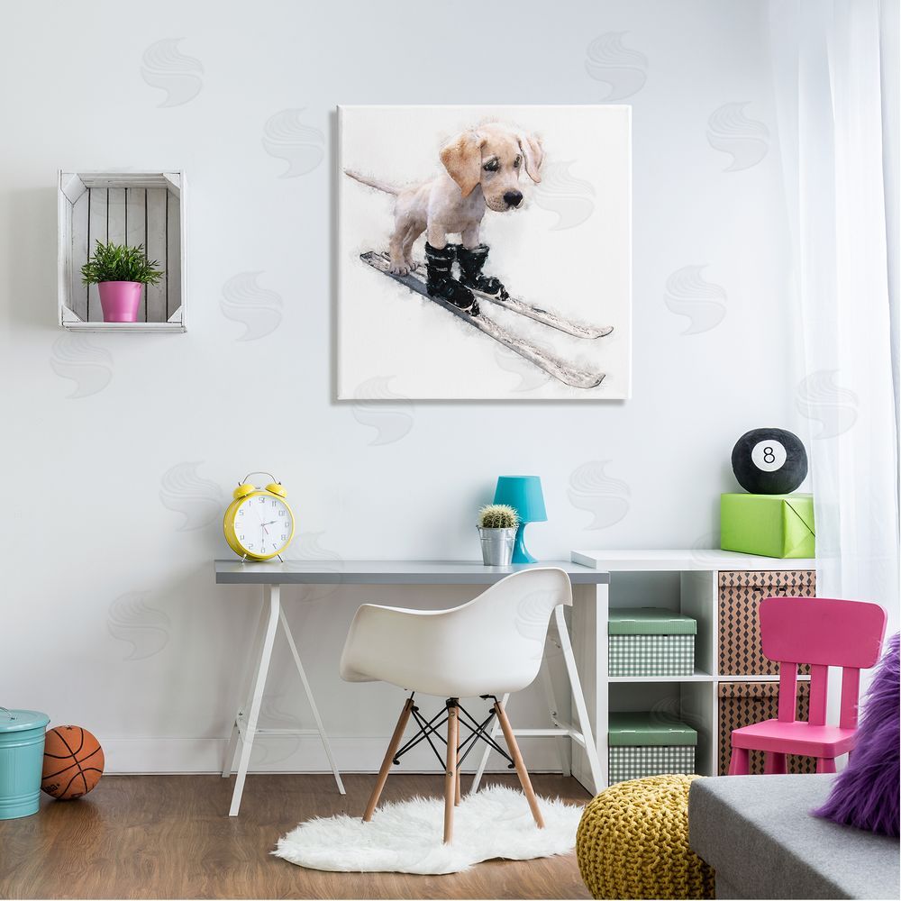 Kim Curinga Puppy Skiing Winter Pet Canvas Wall Art in Room