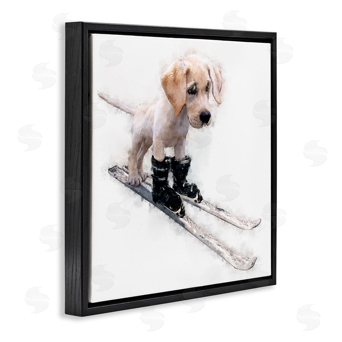 Kim Curinga Puppy Skiing Winter Pet Black Floating Frame Canvas Wall Art Print