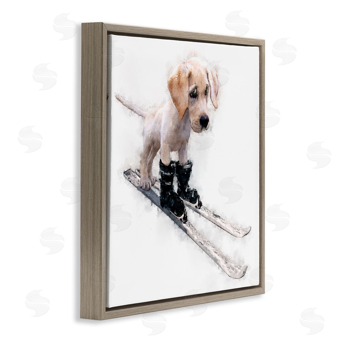 Kim Curinga Puppy Skiing Winter Pet Brown Floating Frame Canvas Wall Art Print