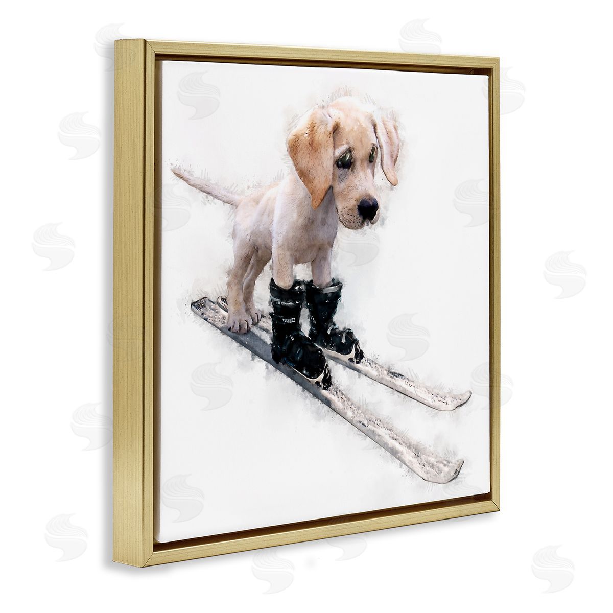 Kim Curinga Puppy Skiing Winter Pet Gold Floating Frame Canvas Wall Art Print
