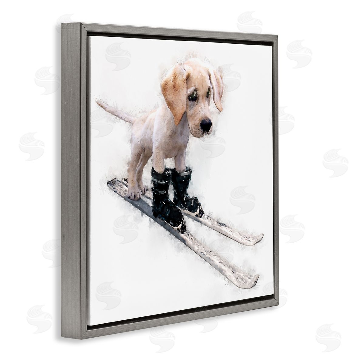 Kim Curinga Puppy Skiing Winter Pet Gray Floating Frame Canvas Wall Art Print