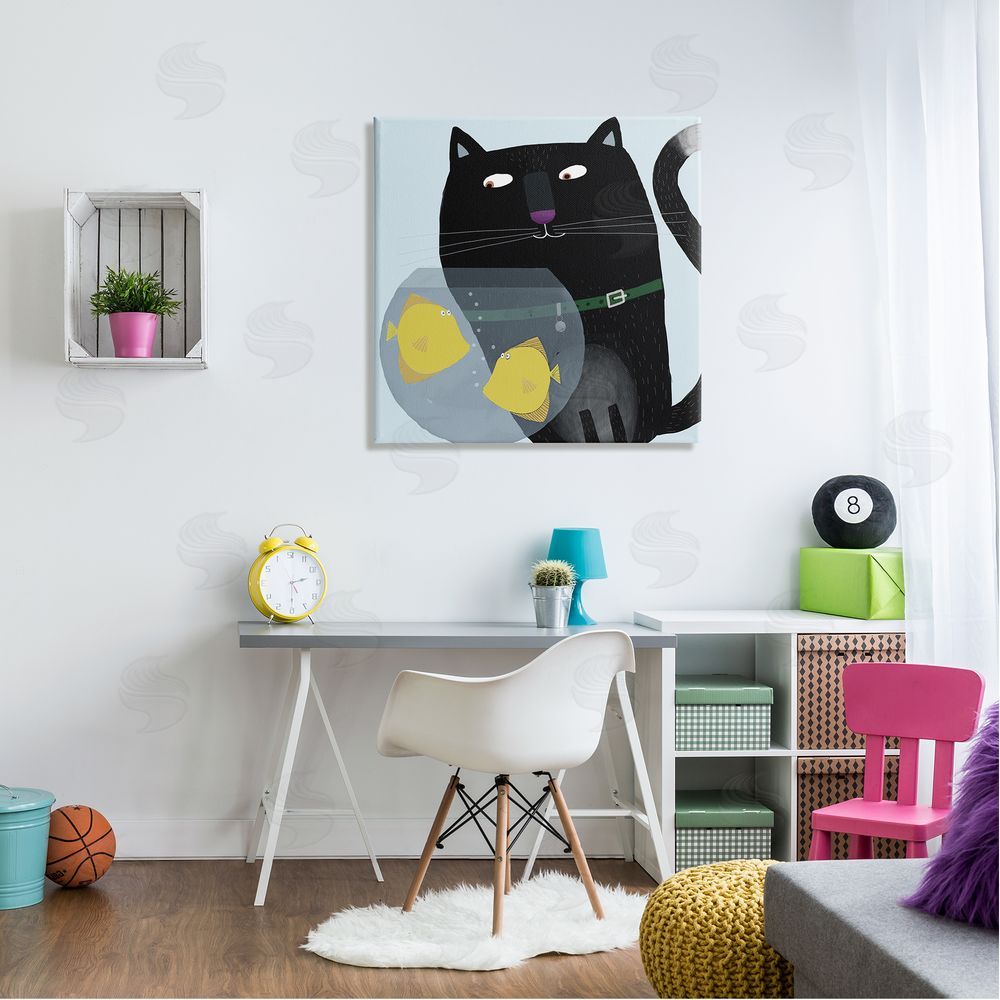 Carla Daly Black Cat Eyeing Fish Bowl Canvas Wall Art in Room