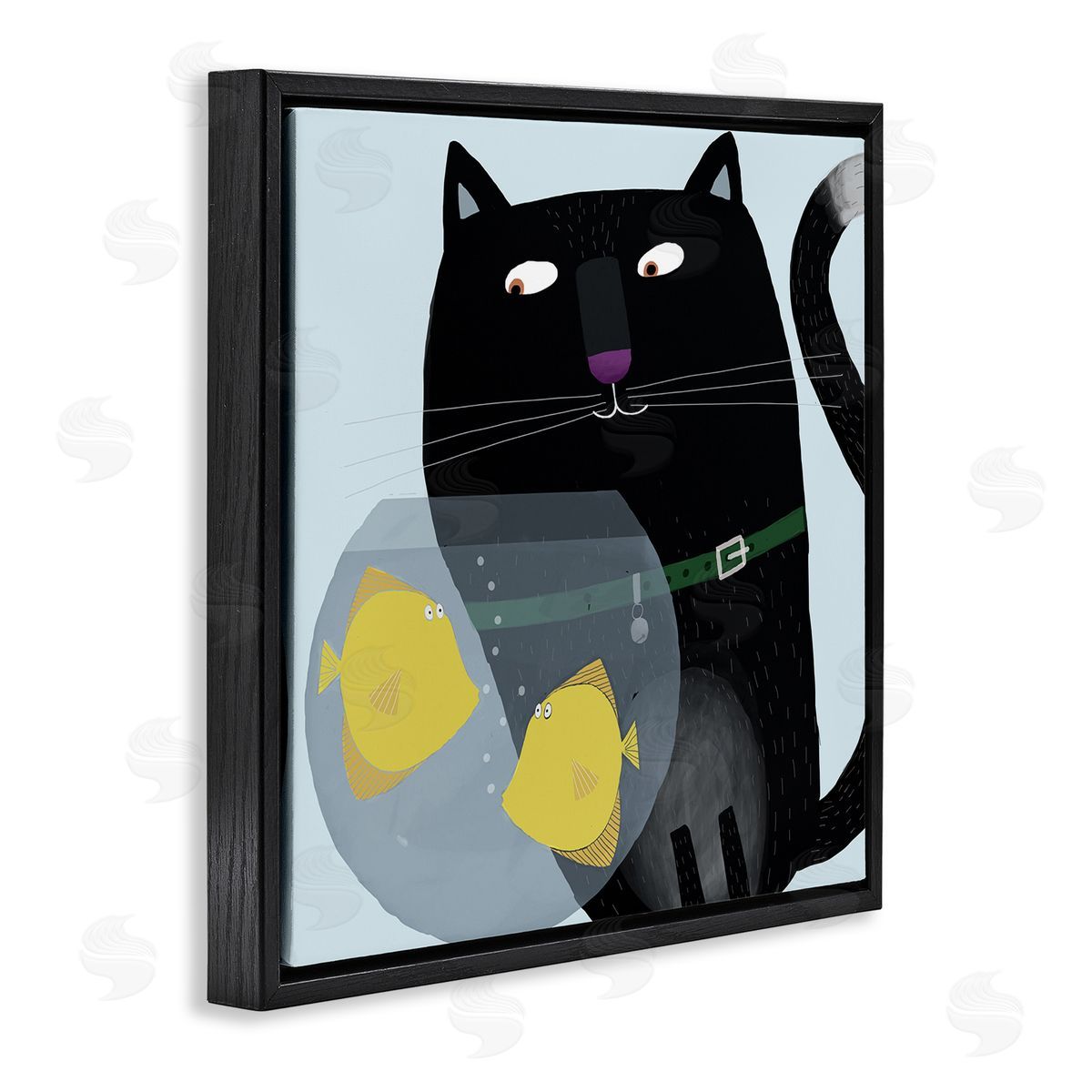 Carla Daly Black Cat Eyeing Fish Bowl Black Floating Frame Canvas Wall Art Print