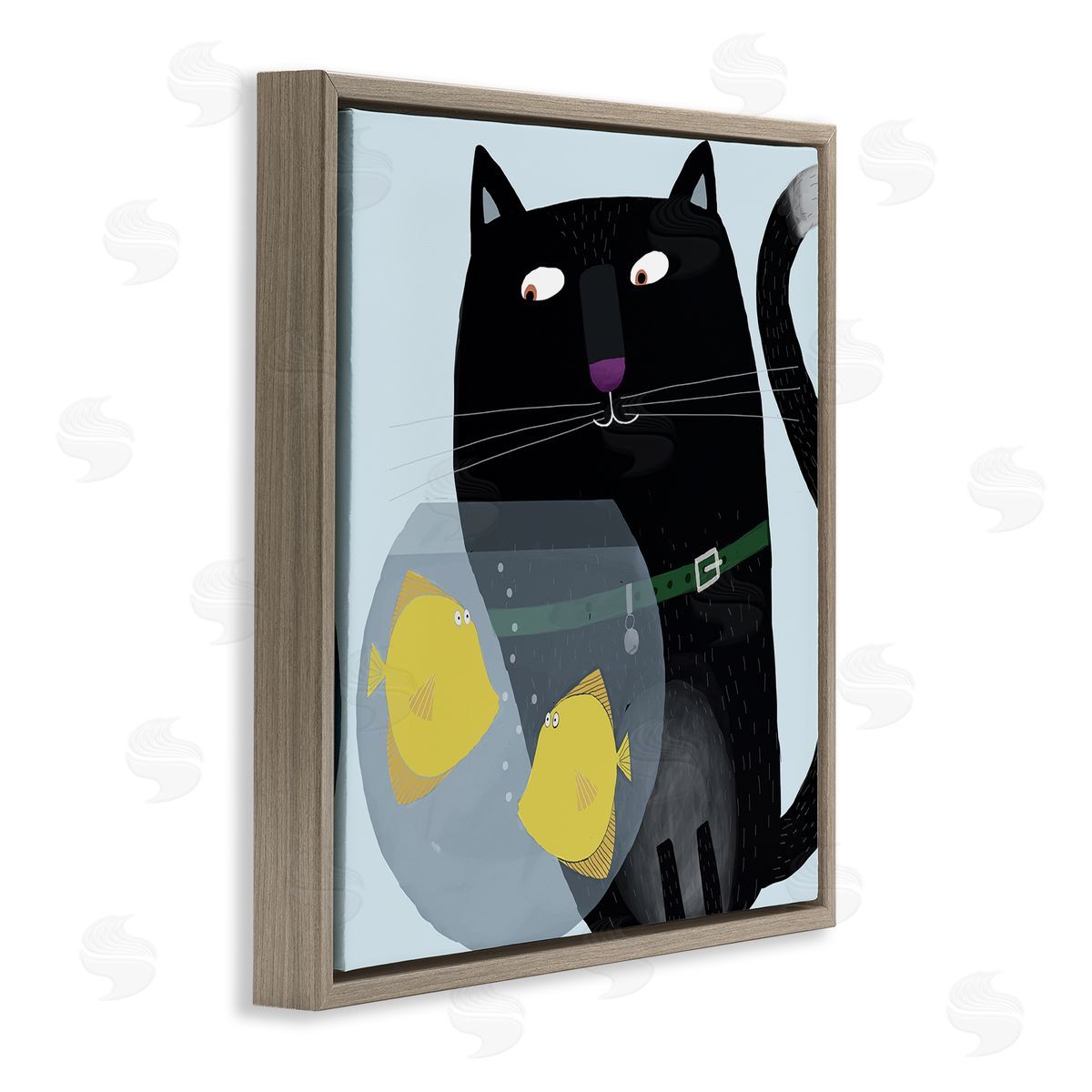 Carla Daly Black Cat Eyeing Fish Bowl Brown Floating Frame Canvas Wall Art Print