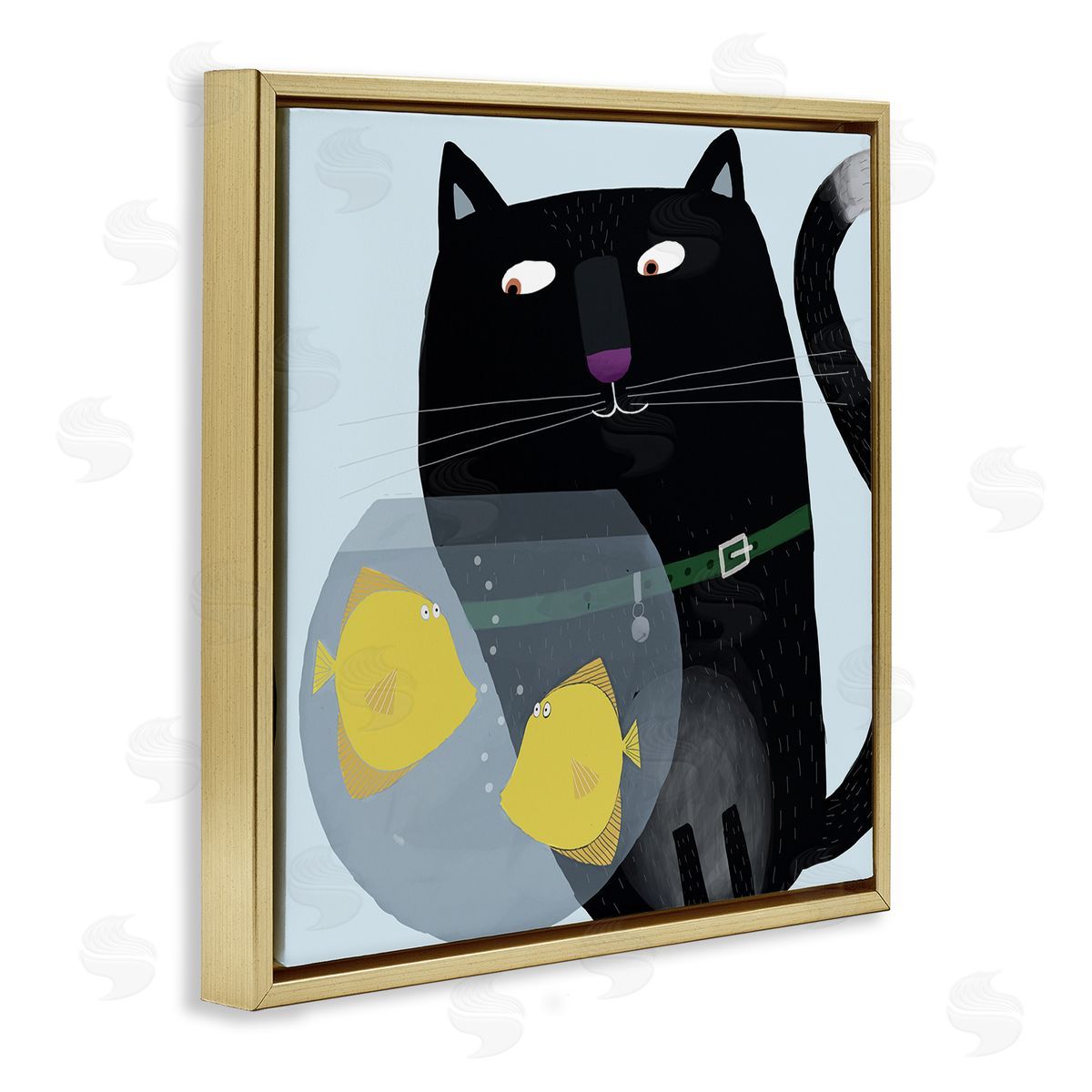 Carla Daly Black Cat Eyeing Fish Bowl Gold Floating Frame Canvas Wall Art Print