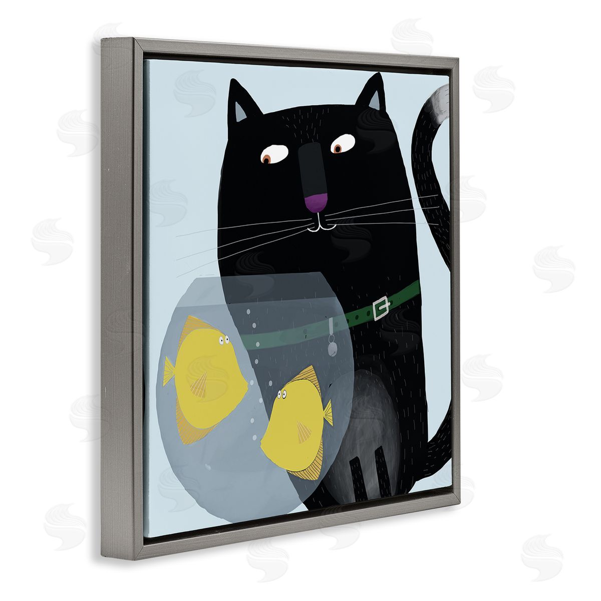 Carla Daly Black Cat Eyeing Fish Bowl Gray Floating Frame Canvas Wall Art Print