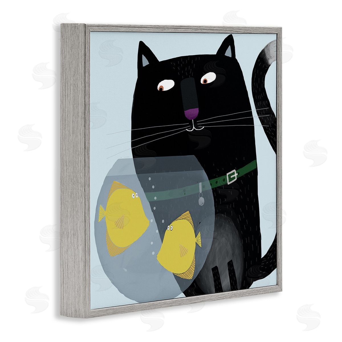 Carla Daly Black Cat Eyeing Fish Bowl Gray Framed Glicee Wall Art Print