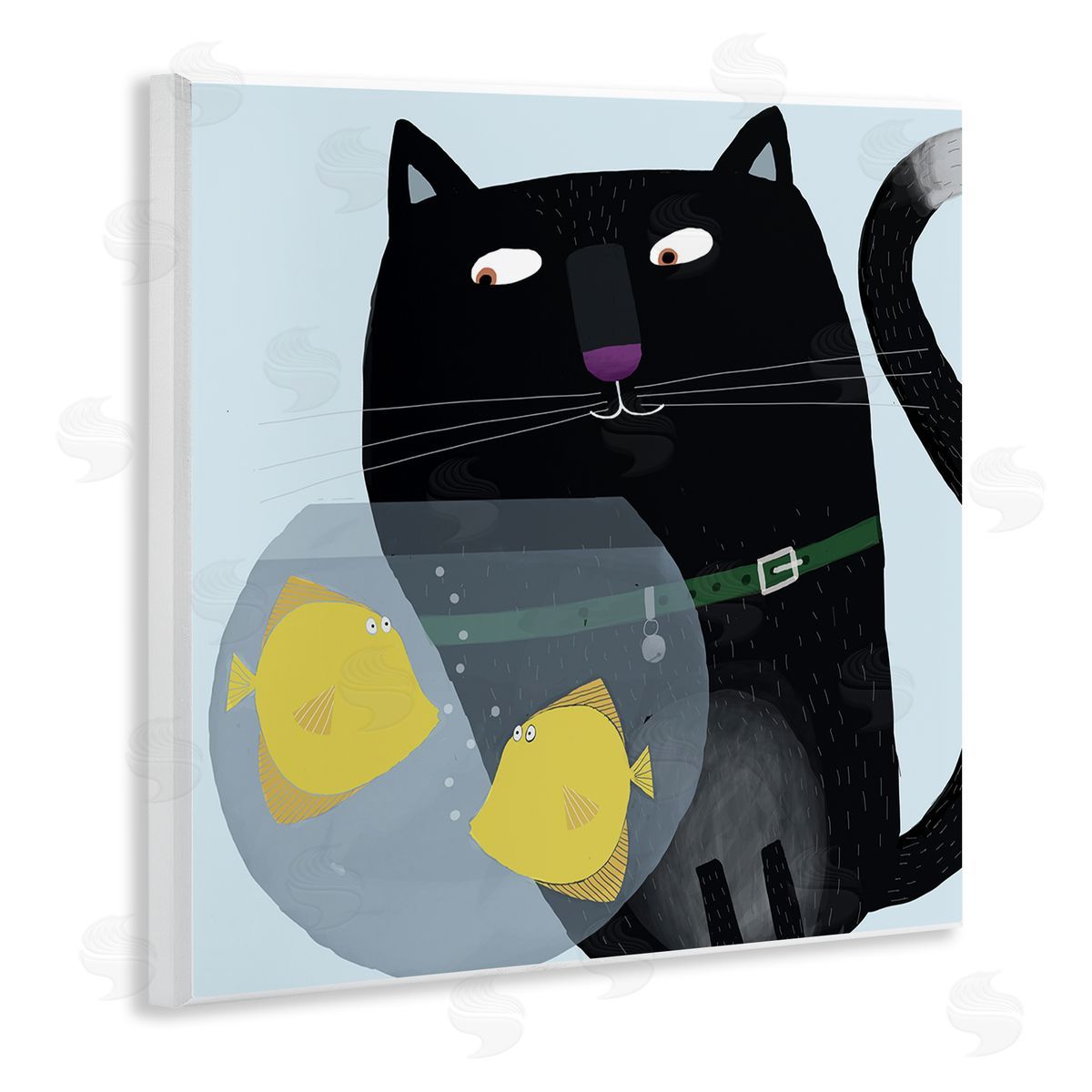Carla Daly Black Cat Eyeing Fish Bowl Wooden Wall Plaque Art Print