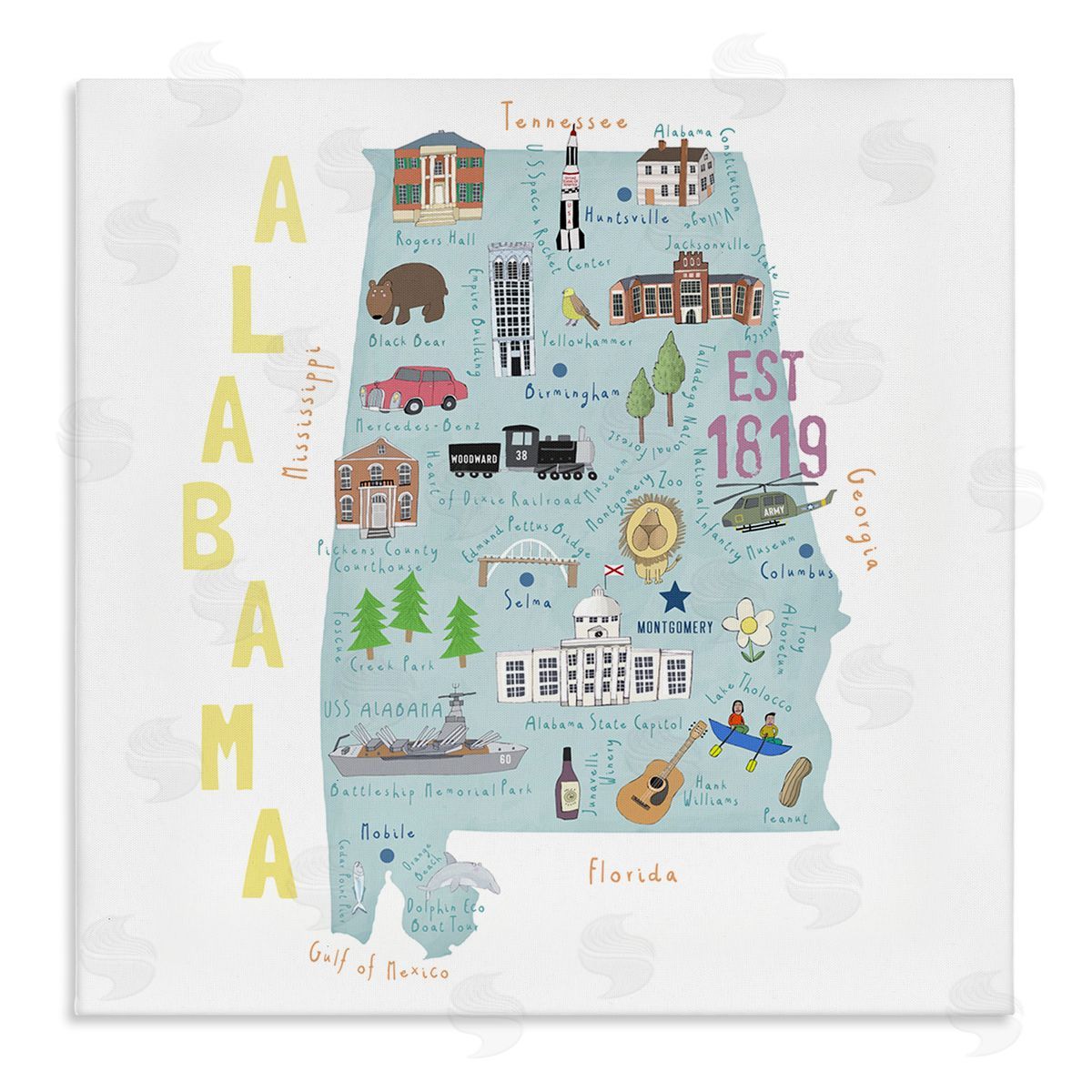 Carla Daly Alabama Landmark Map USA Stretched Canvas Wall Art Print