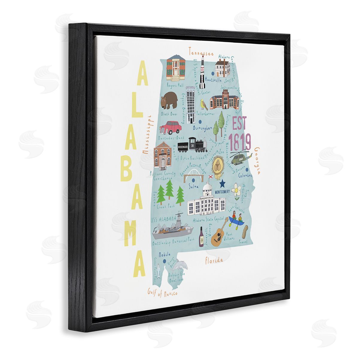 Carla Daly Alabama Landmark Map USA Black Floating Frame Canvas Wall Art Print