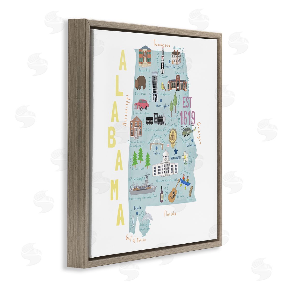 Carla Daly Alabama Landmark Map USA Brown Floating Frame Canvas Wall Art Print