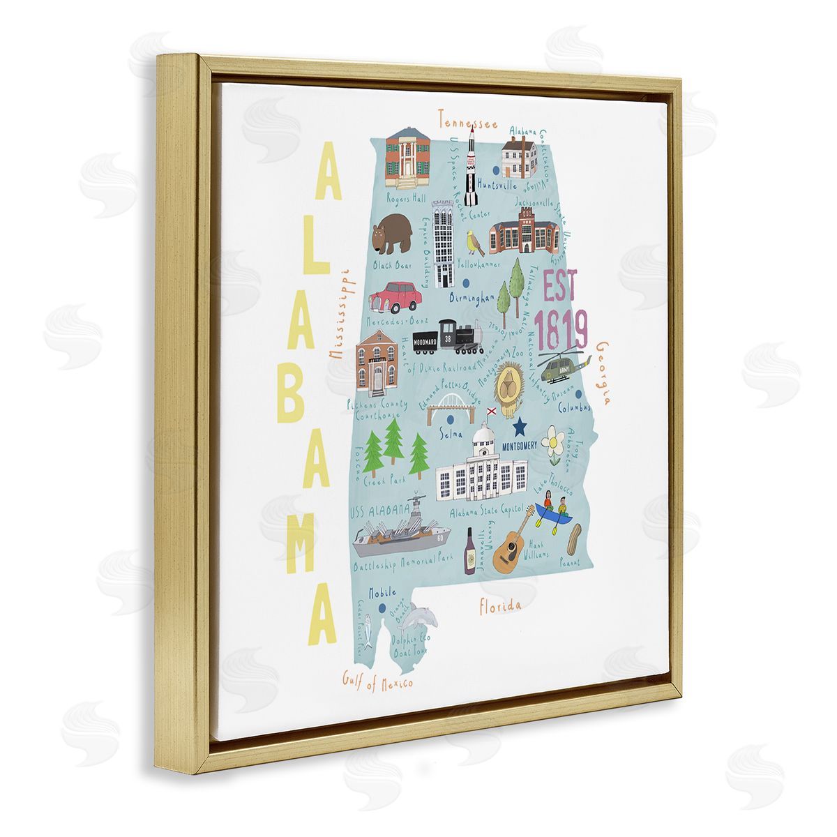 Carla Daly Alabama Landmark Map USA Gold Floating Frame Canvas Wall Art Print