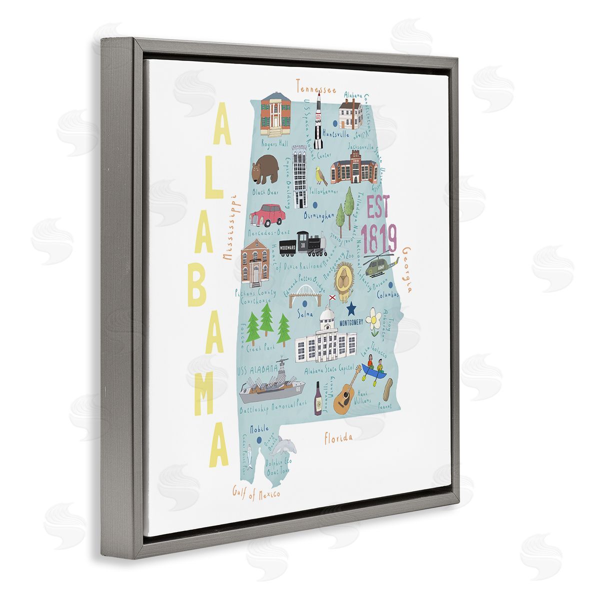 Carla Daly Alabama Landmark Map USA Gray Floating Frame Canvas Wall Art Print